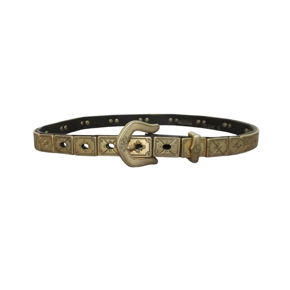 Womens Thin Metal Gold Belt Size 26-29 On Leather Strap